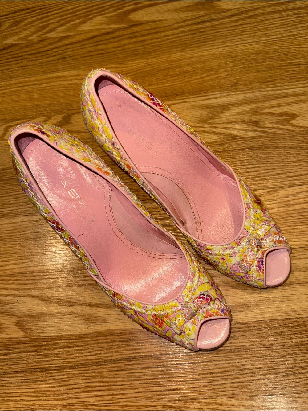 Via Spiga Floral Printedβ Leather Faux Snakeskin Peep Toe Heels sz 8.5m